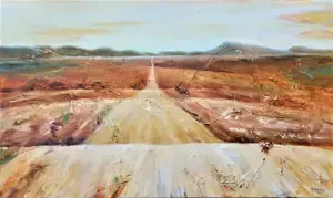 ein modernes Gemälde in überwiegend Orange, Sienna und creme-weiß, das eine typische weite namibische Landschaft zeigt mit einer langen geraden Straße, die über viele Hügel vom Betrachter weg verläuft