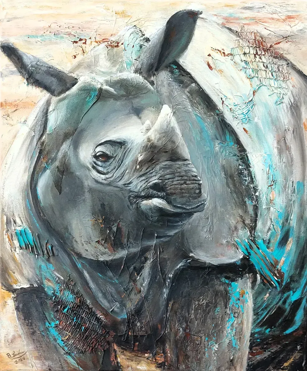 Modernes gemaltes Portrait eines Spitzmaulnashorns, in den Farben grau, blau, elfenbein
