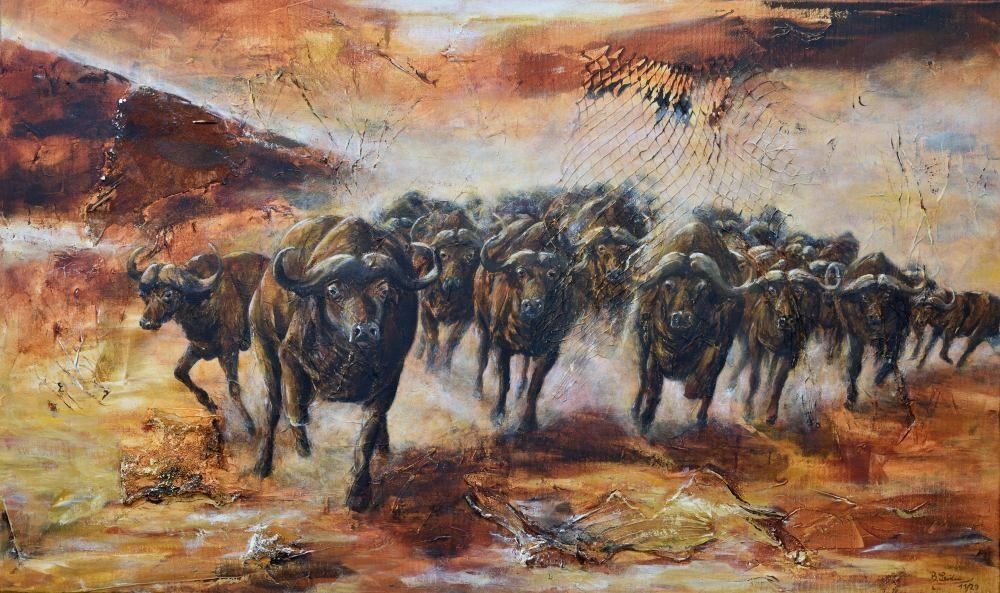 modernes Acryl-Gemälde einer Büffelherde, die in einer Staubwolke auf den Betrachter zugerannt kommt. Farben: sienna, braun, weiß, grau, ocker