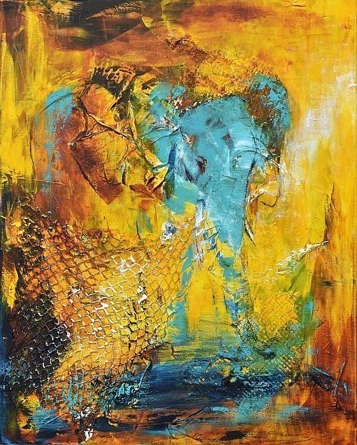 Gemälde mit abstraktem Elefanten in türkisblau vor orangegelbem Hintergrund