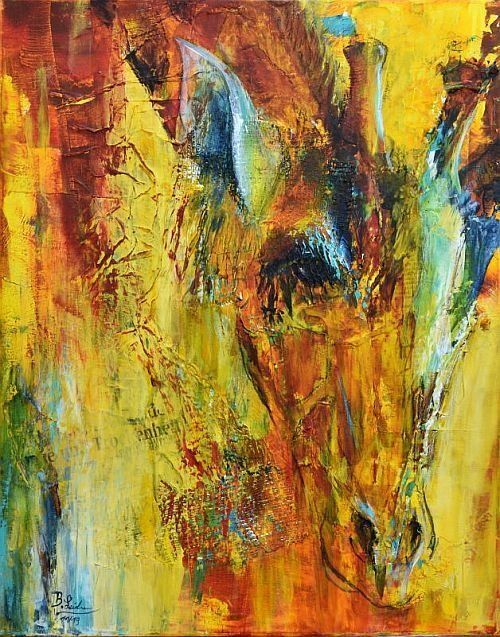 abstraktes Giraffenportrait in den Farben rit, orange, gelb, blau