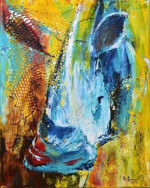 abstraktes Portrait eines Nashorns in den Farben türkis-blau, weiß, gelb, orange, rot