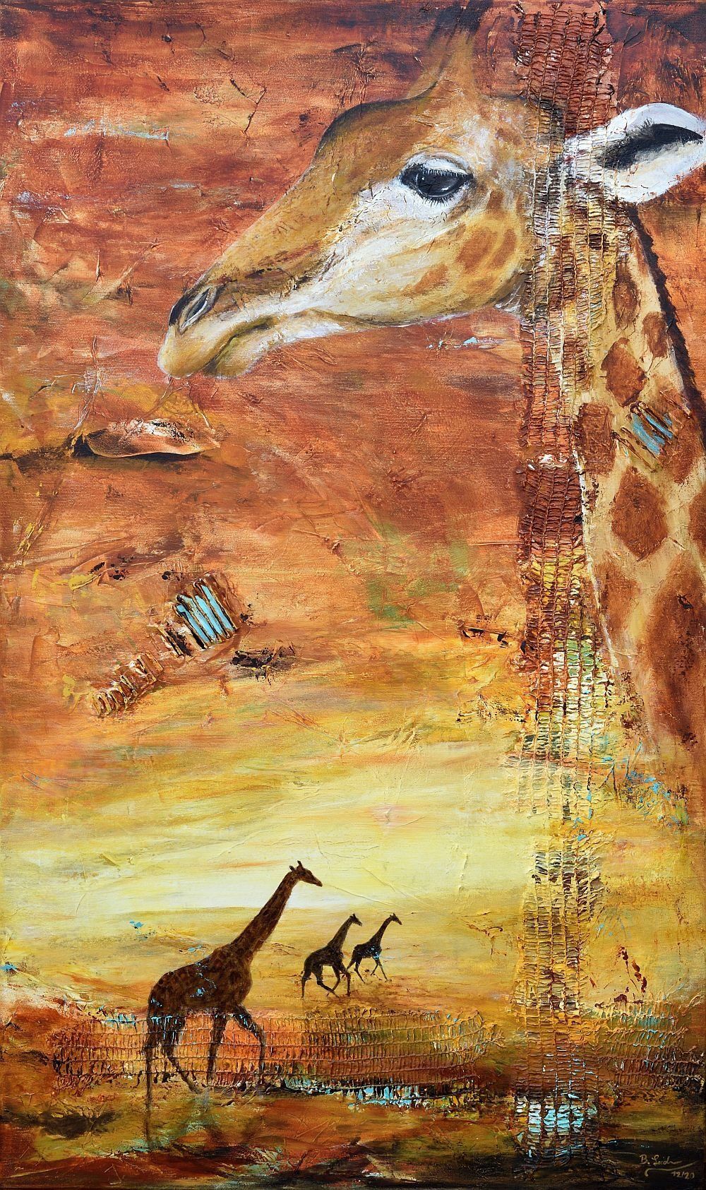 modernes Acry-Gemäle mit einer Giraffe, von der nur Hals und Kopf zu sehen sind. Im Hintergrund klein drei Giraffen, die auf einer weiten Ebene als Shilouetten im Sonnenuntergang zu erkennen sind. Farben: sienna, orange, ocker, gelb, weiß, türkis