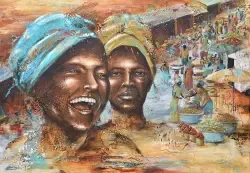 Acryl Gemälde mit Portraits von zwei afrikanischen Frauen. Eine Frau lacht und eine blickt ernst. Im Hintergrund eine afrikanische Marktszene. Farben: braun, blau,ocker,