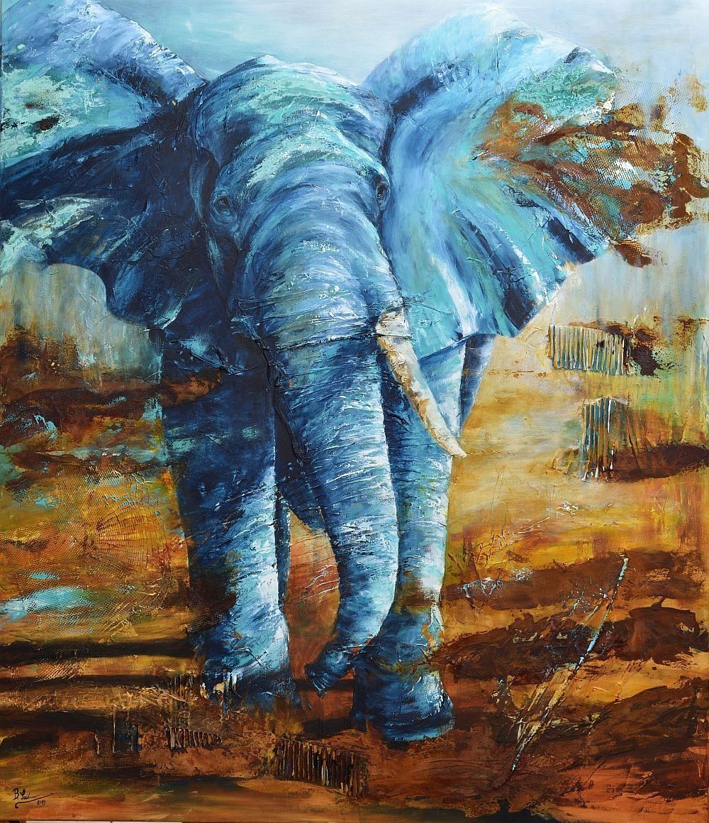 Kunstdruck Elefant von vorne in blau