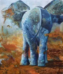 Acryl-Gemälde eines Elefanten, der die Ohren weit abgespreitzt hat und direkt auf den Betrachter zu kommt. der Elefant ist blau, der Hintergrund braun, sienna und grau.