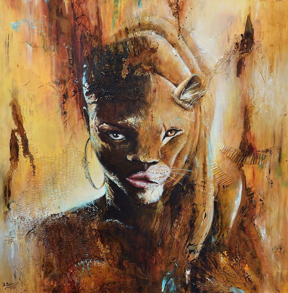 Gemälde Portrait halb afrikanische Frau, halb Löwin