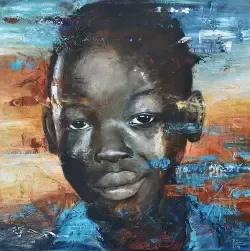 Portait Gemälde eines afrikanischen Jungen. Farben blau, braun und sienna.