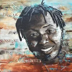 Portrait-Gemälde eines jungen afrikanischen Mannes mit Dreadlocks, Farben: braun, schwarz,grau, organe, blau