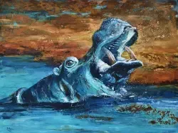 Acryl-Gemälde eines Nilpferdes, das aus dem Wasser guckt und sein Maul weit aufreißt. Das Hippo ist blau, der Hintergrund rostfarben.