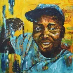 Portrait-Gemälde eines jungen arikanischen Mannes, der einen Schlüsselanhänger hoch hält. Farben türkis, braun, orange-gelb