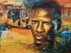 Acryl-Gemälde mit dem Portrait eines jungen afrikanischen Mannes, dahinter dahinter ein typisches dreirädriges afrikanisches Fahrzeug. Farben: braun,sienna, ocker, türkis