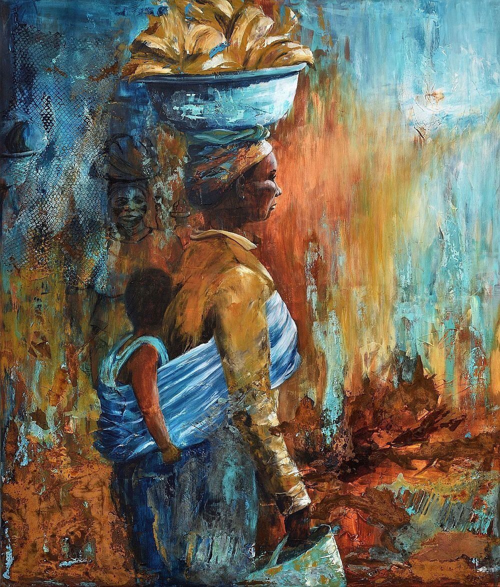 Gemälde afrikanische Frau mit Kind auf dem Rücken und Schüssel auf dem Kopf