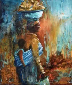 Gemälde einer stolzen afrikaniscgen Frau mit einem Baby auf dem Rücken und eine Schussel mit Bananen auf dem Kof. Im Hintergrund andere Frauen. Farben: blau, ocker, sienna