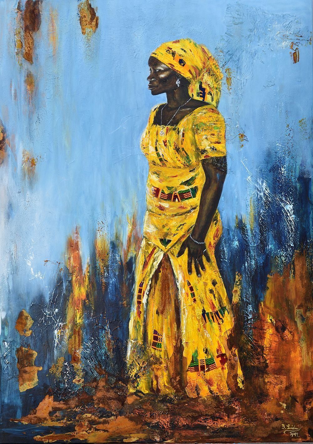 Kunstdruck afrikanische Frau in schönem, gelben Kleid
