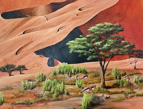 Gemälde mit den Dünen der Namib an der Wand eines Wohnzimmers
