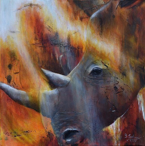 modernes Acryl-Gemälde eines Nashornkopfes. Das Portrait im Profil enthält überwiegend Organgetöne, grau und weiß.