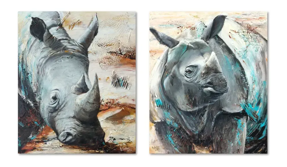 zwei moderne Acrylgemälde, Potraits eines Spitzmulnshorns und eines Breitmaulnashorns in hellen grau, blau und elfenbein Farbtönen
