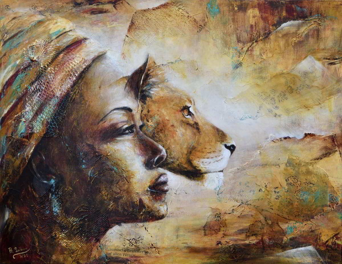 Portrait Gemälde von afrikanischer Frau und Löwin , die in die gleiche Richtung blicken, 