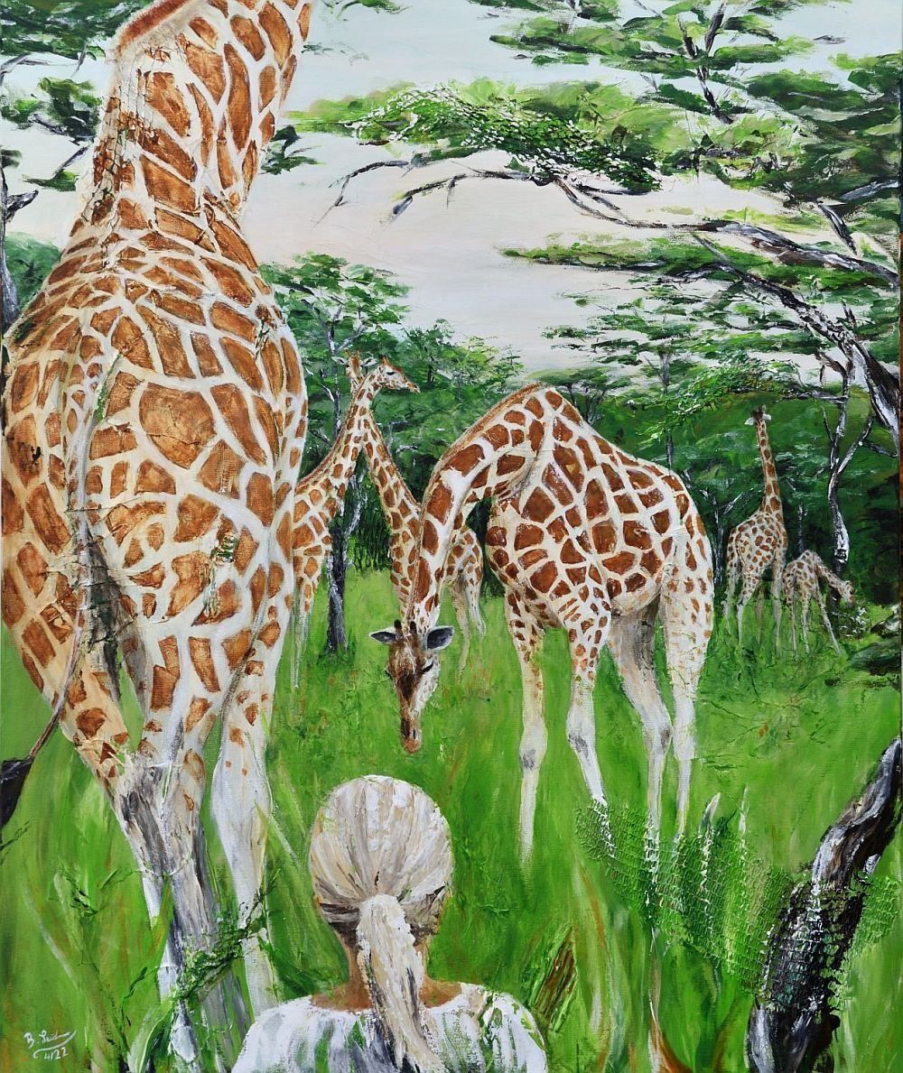 modernes Acryl-Gemälde einer Gruppe von fressenden Giraffen, unten am Bildrand ist eine Frau von hinten zu erkennen, ganz im Vordergrund links eine Giraffe, die üner den Bildrand hinaus geht. Farben: grün, weiß, grau, braun