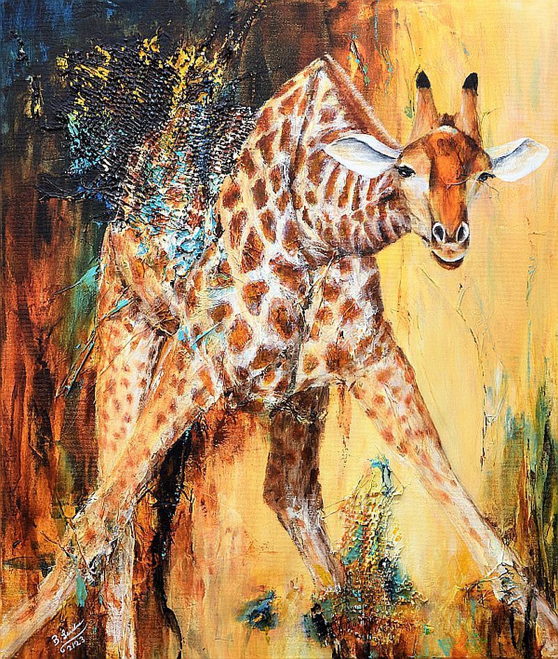 modernes Acryl-Gemälde einer Giraffe, die sich zum Trinken hinunter beugt und dabei mit gespreitzten Beinen steht. Farben: gelb, ocker dunkelbau, braum, türkis, sienna