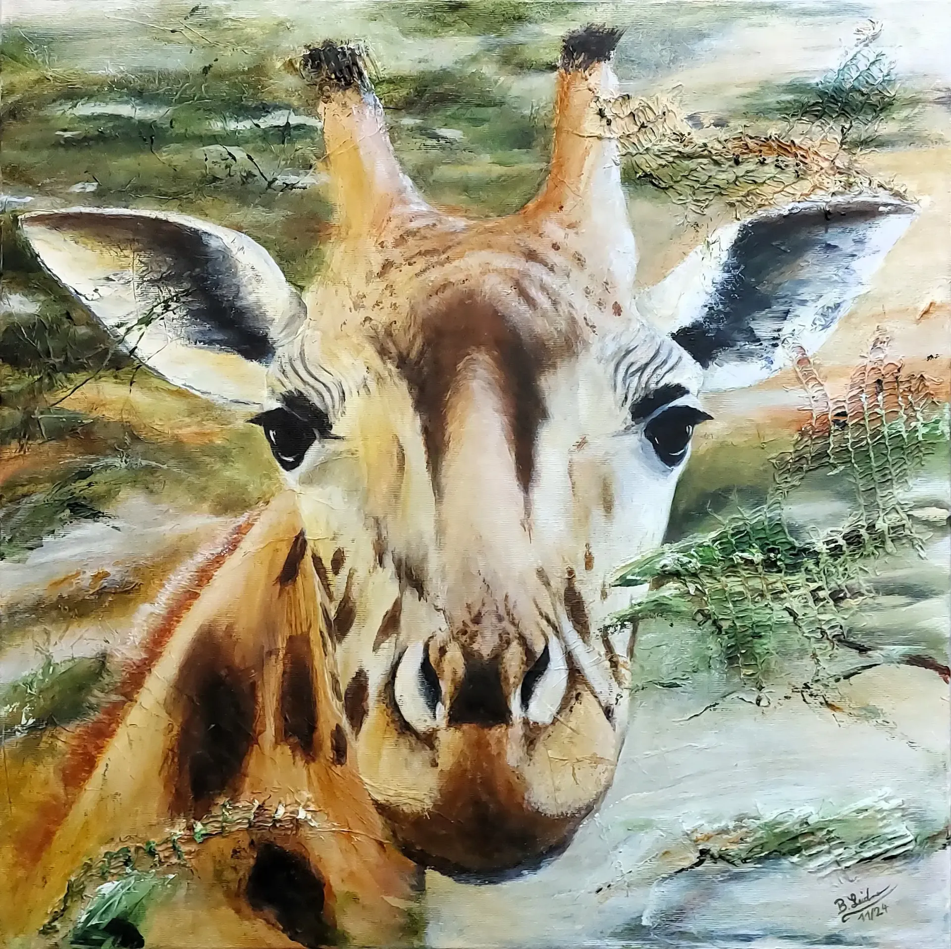 Modernes Potrait Gemälde einer Giraffe, frontal, in den Farben grün, braun, ocker, beige und weiß