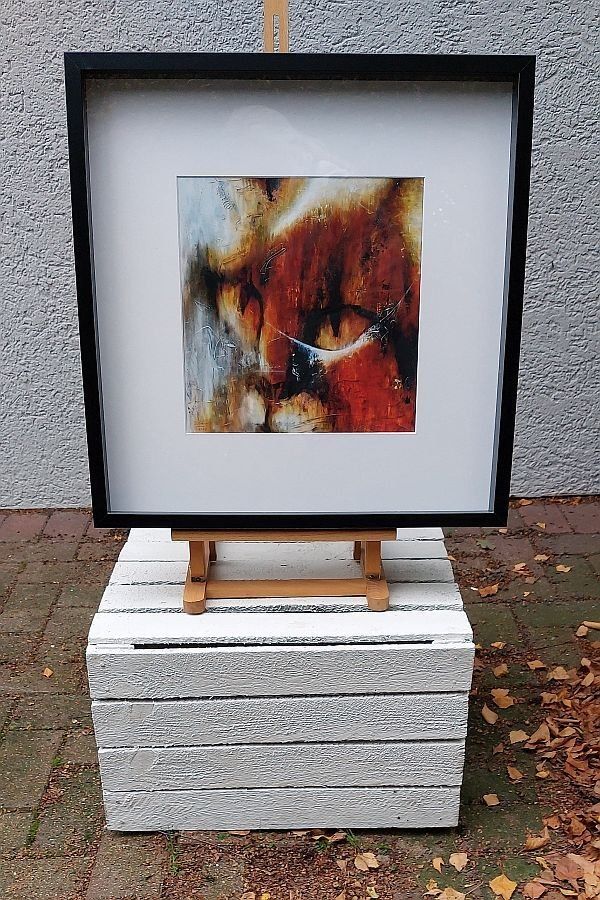 gerahmter Kunstdruck mit abstraktem Katzenkopf