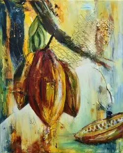 Gemälde einer hängenden und einer aufgeschlagenen Kakaofrucht. Farben: hellgelb, hellblau, rot, orange