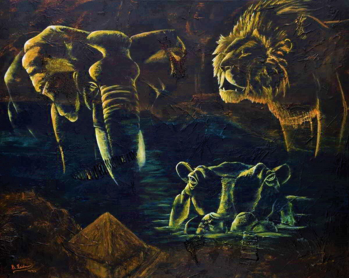 modernes Acryl-Gemälde, das einen Löwen, einen Elefanten und ein Flusspferd vor fast schwarzem Hintergrund zeigt. Die Tiere erscheinen, wie angestrahlt, es sind nur die leuchtenden Konturen und agrstrahlten Stellen zu sehen in gelb und orange