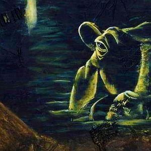 Ausschnitt aus  Gemälde: Flusspferd taucht aus den Wasser auftaucht,wird  vom Mondlicht angestrahlt