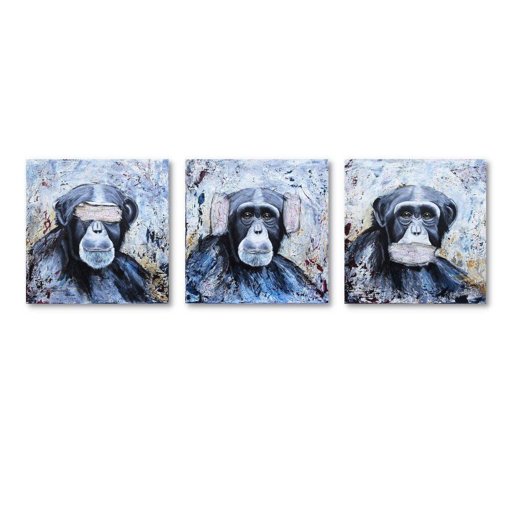 modernes Acryl-Gemälde, Triptychon mit den drei Affen, die nichts sehen, nichts hören und nichts sagen. Bei einem sind die Augen durch eine gespachtelte Fläche verdeckt, beim anderen die Ohren, beim anderen der Mund. Die Affen sind Schimpansen, der Hintergrund ist abstrakt in hellen grau, blau und rose Farbtönen
