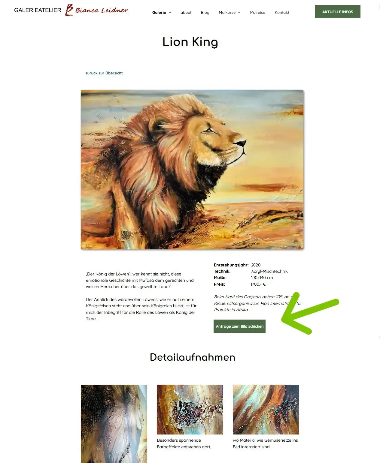 Eine Beipielseite aus der Online-Galerie mit Afrika Geälden von Bianca Leidner mit dem BIld eines Löwen