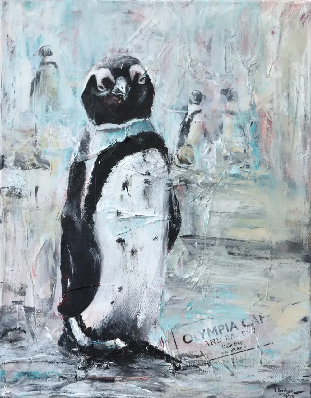 modernes Acryl-Gemälde eines Brillen-Pinguins. Im Hintergrund noch drei nur teilweise zu erkennende Pinguine. Farben: schwarz, weiß, grau., hellblau, rose