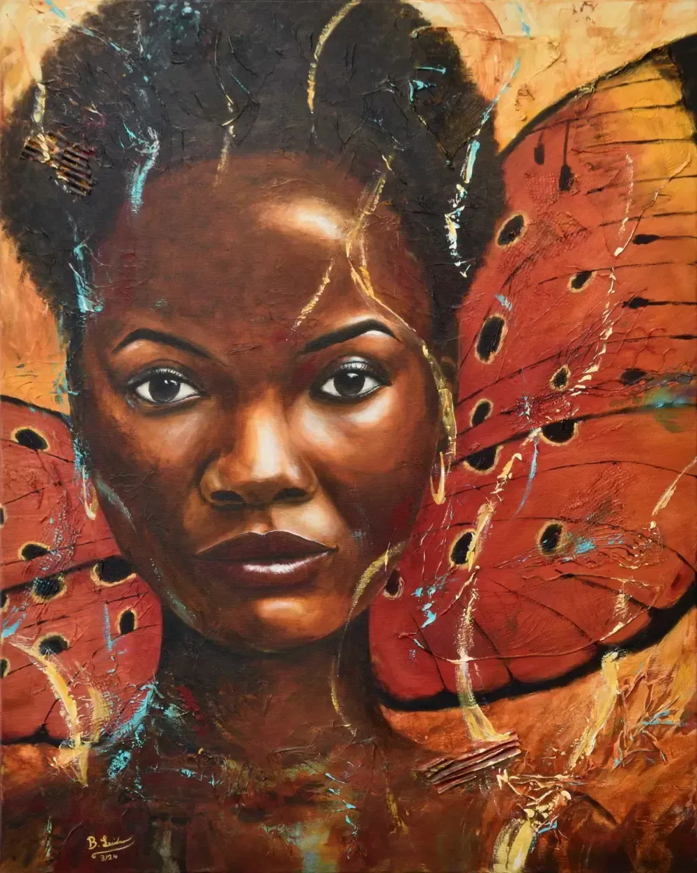 frontales Portrait Gemälde einer selnstbewussten afrikanischen Frau mit kurzen Haaren, den Hintergrund füllt ein großer rot-orangener Schmetterling aus