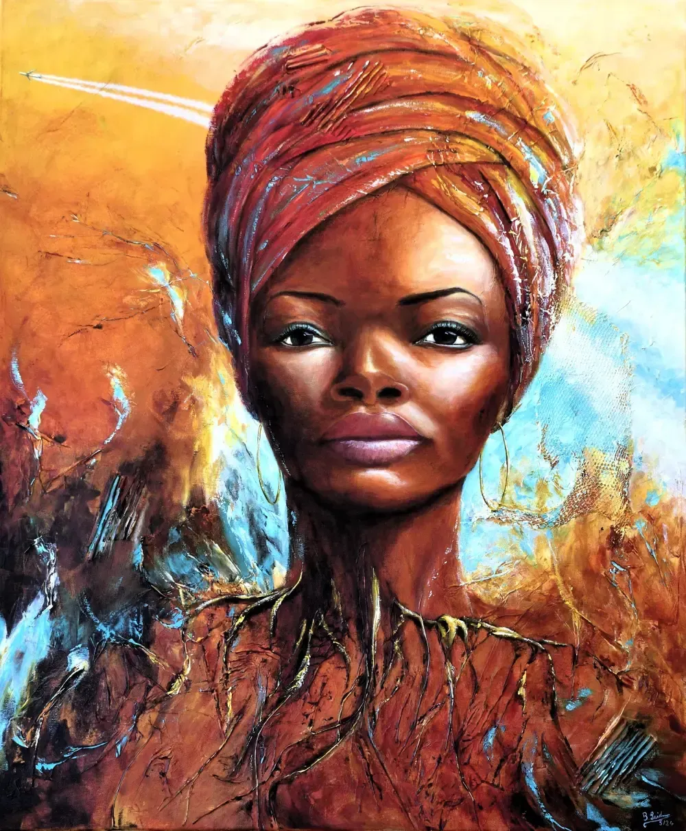 frontales Portrait Gemälde einer selnstbewussten afrikanischen Frau mit Turban