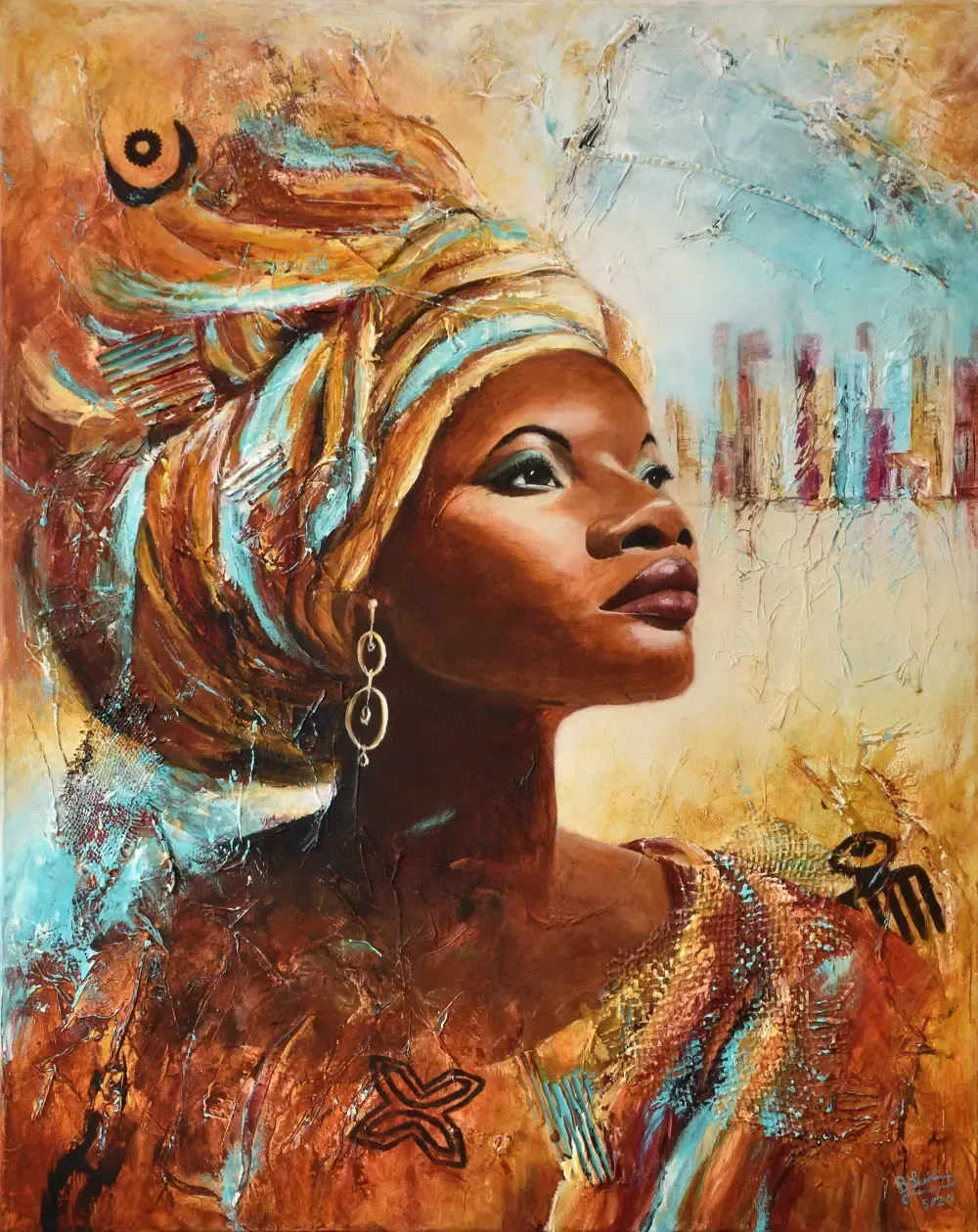Portrait Gemälde einer selbstbewussten afrikanischen Frau im Halbprofil mit Kopftuch-Turban im Hintergrund Adinkra-Symbole