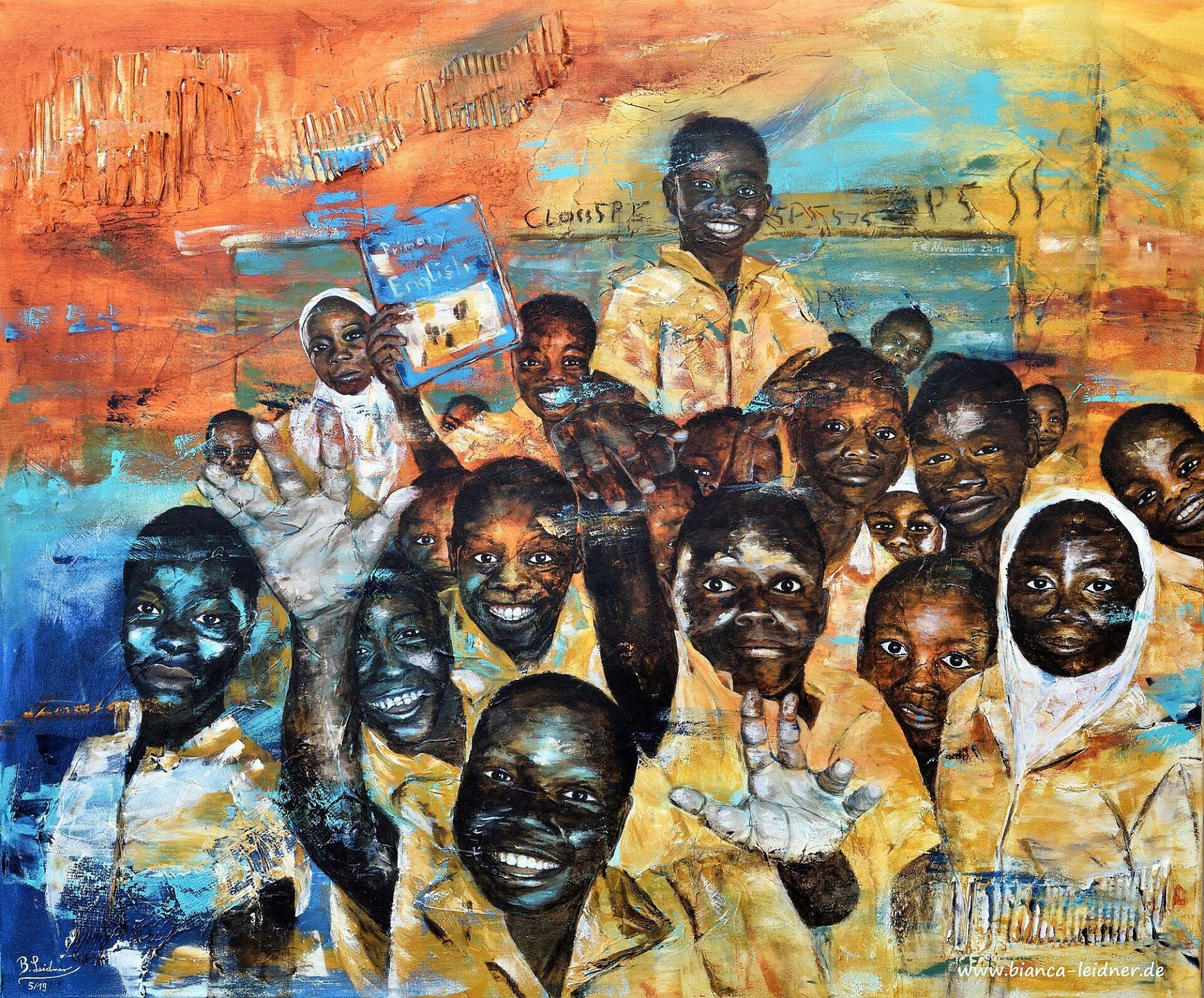 Acrylbild/Gemälde mit afrikanischen Schulkindern von Bianca Leidner in den Fraben ocker, orange, blau und braun