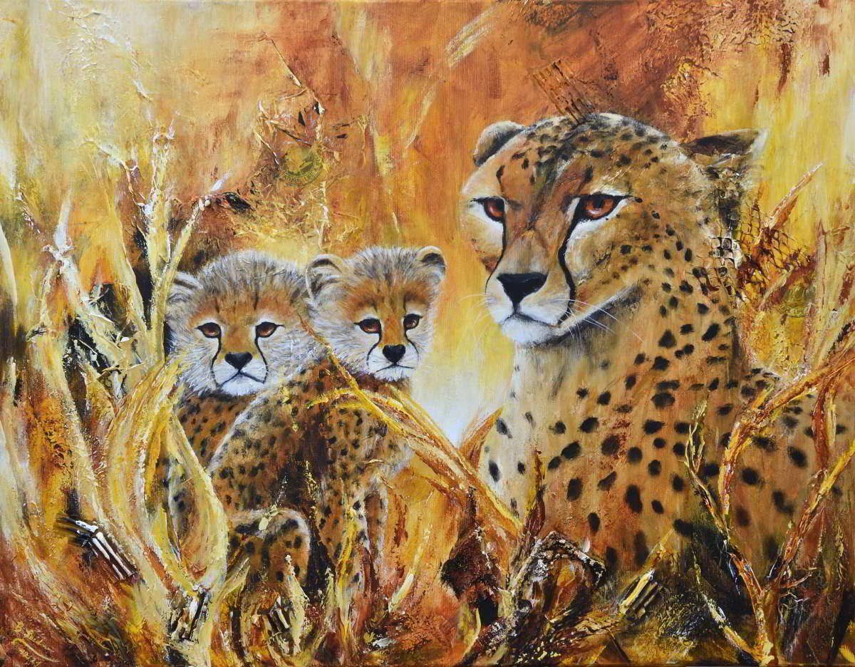 Solche Gemälde z.B. mit Geparden könnten auf der Malreise nach Südafrika mit Bianca Leidner im Atelier in Kapstadt entstehen