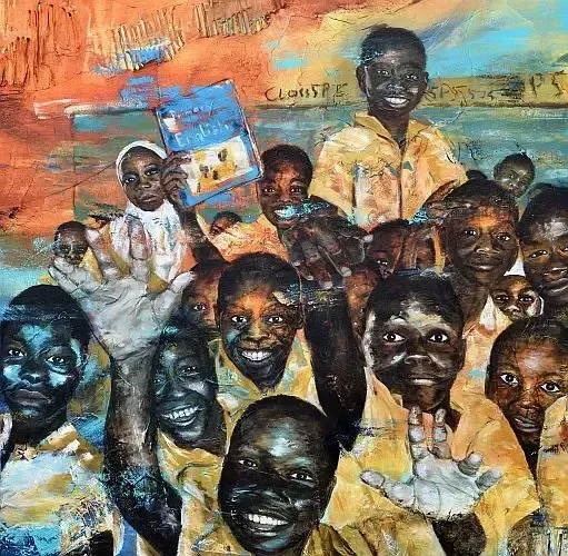 Galerietitelbild: Gemälde eine Gruppe afrikanischer Schulkinder der Bilderserie