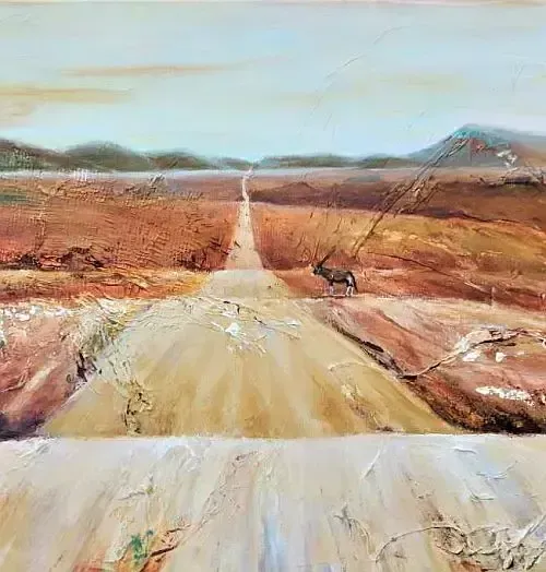 Gemälde einer typischen langen Straße in Namibia als Titelbild der Bildergalerie