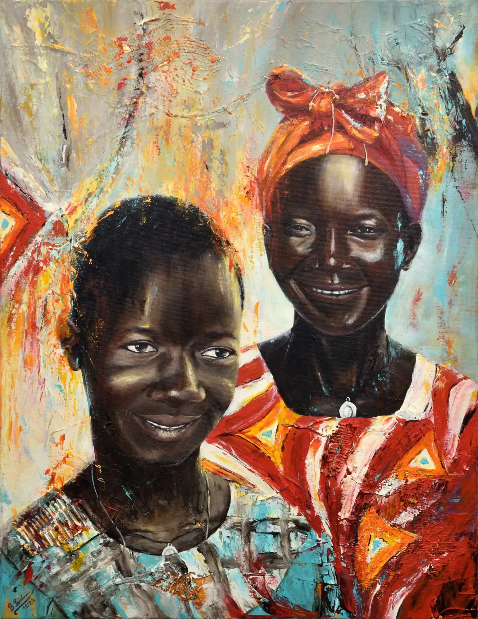 Gemälde zweier afrikanischer Frauen, einer Mutter , die sich hinter ihrer Tochter befindet und sie lächelnd anschaut, Farben: Türkis, gelb-orange, rot, weiß, grau