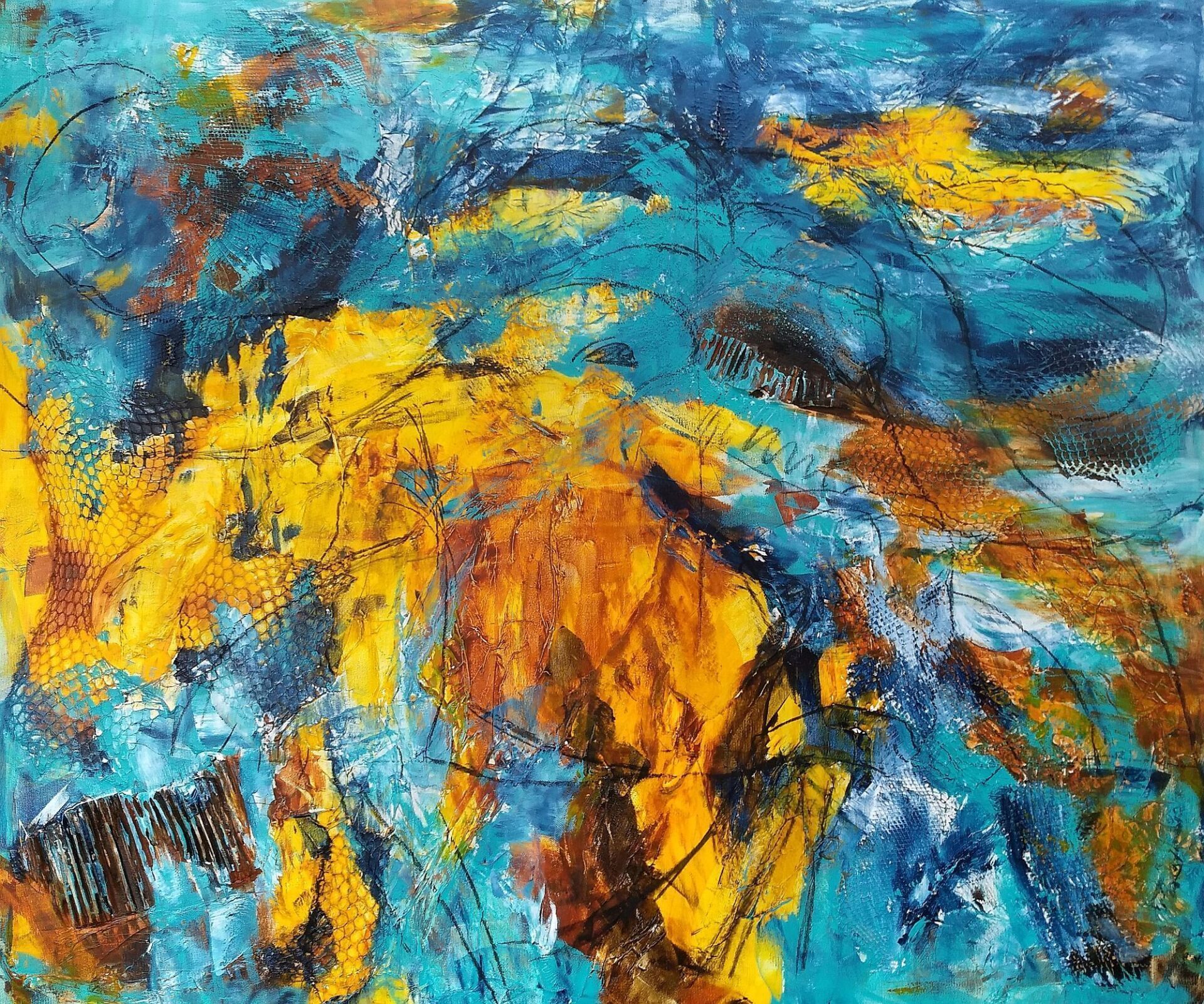 Leuchtende Grundierung eines Bildes in blau, türkis, gelb, orange
