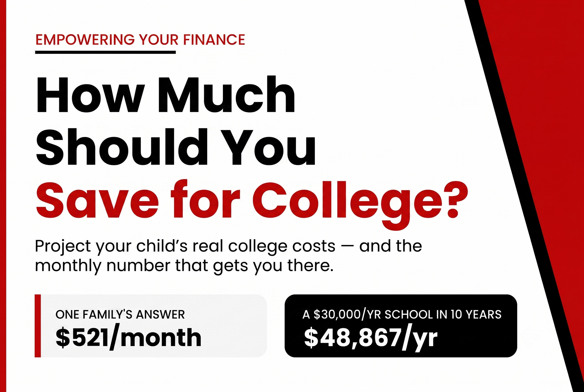 College planning calculator banner from Empowering Your Finance showing projected college costs and