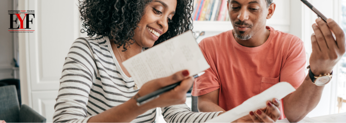 Debt Free Budgeting A Millennia couple is working on their monthly budget using an online app.