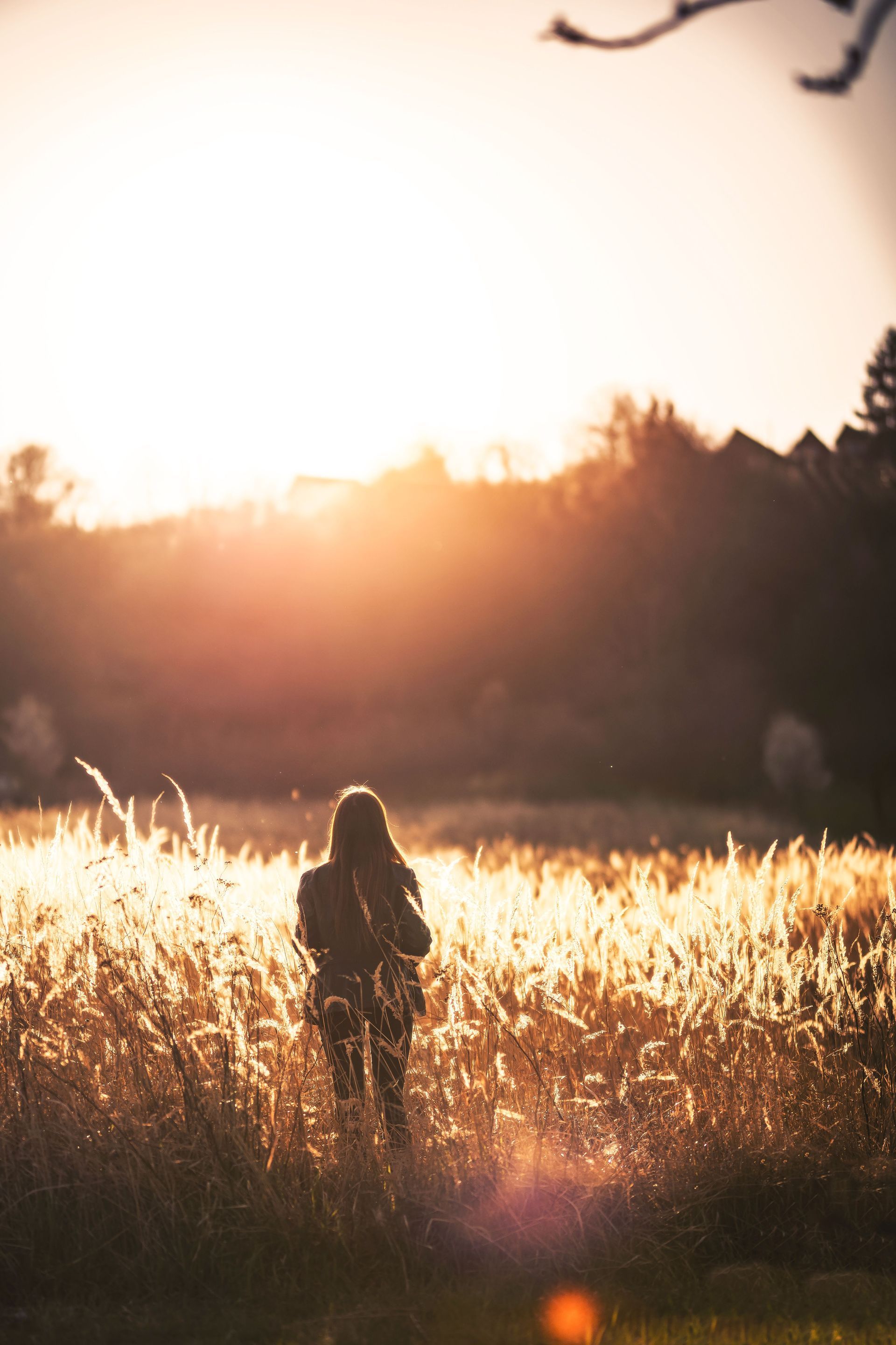 Frau im Sonnenuntergang auf der Wiese