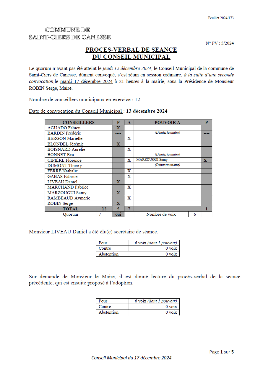 Dernier compte rendu du Conseil Municipal
