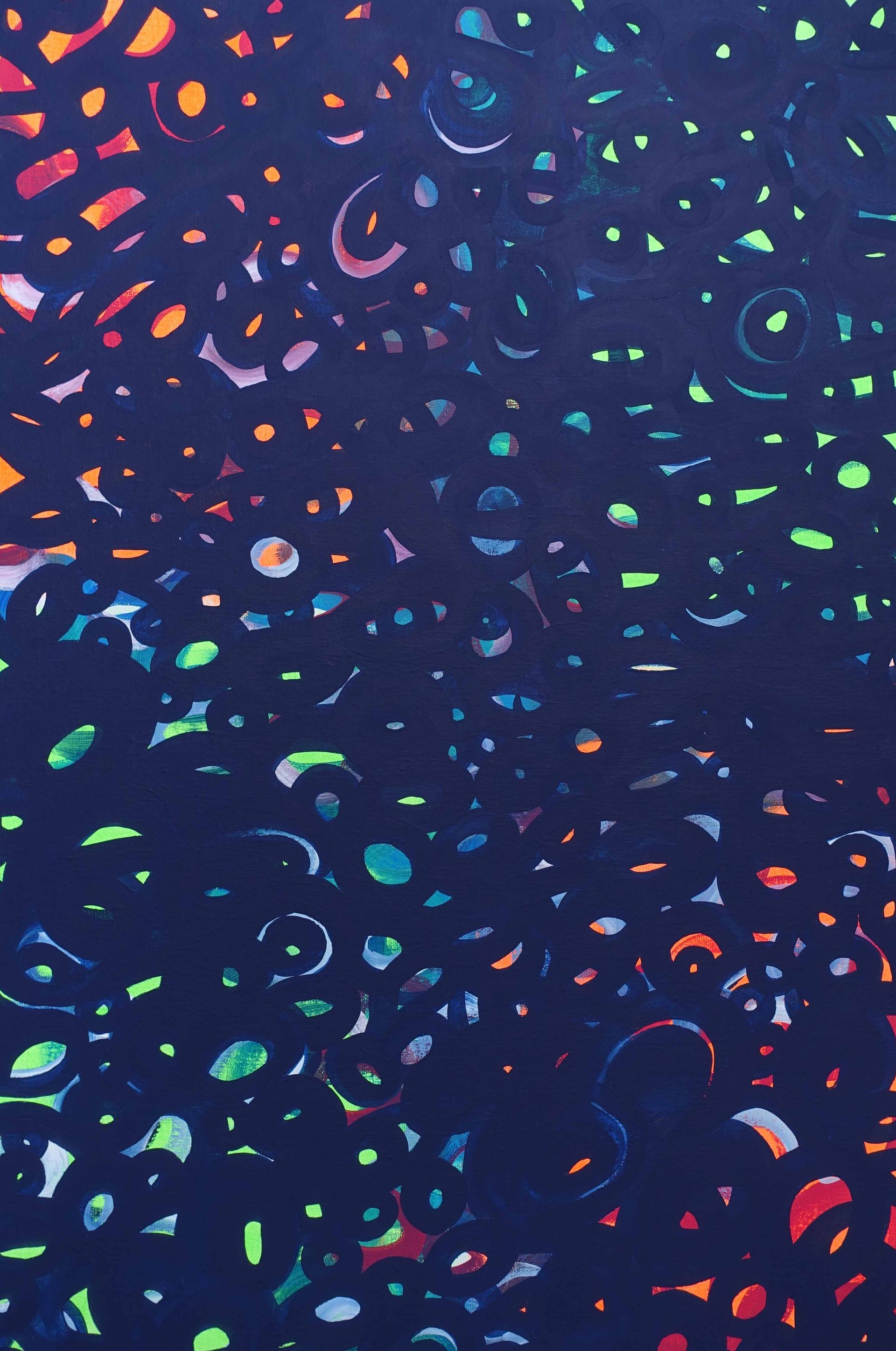 cercles, acrylique, bleu foncé, vert, orange, fluo