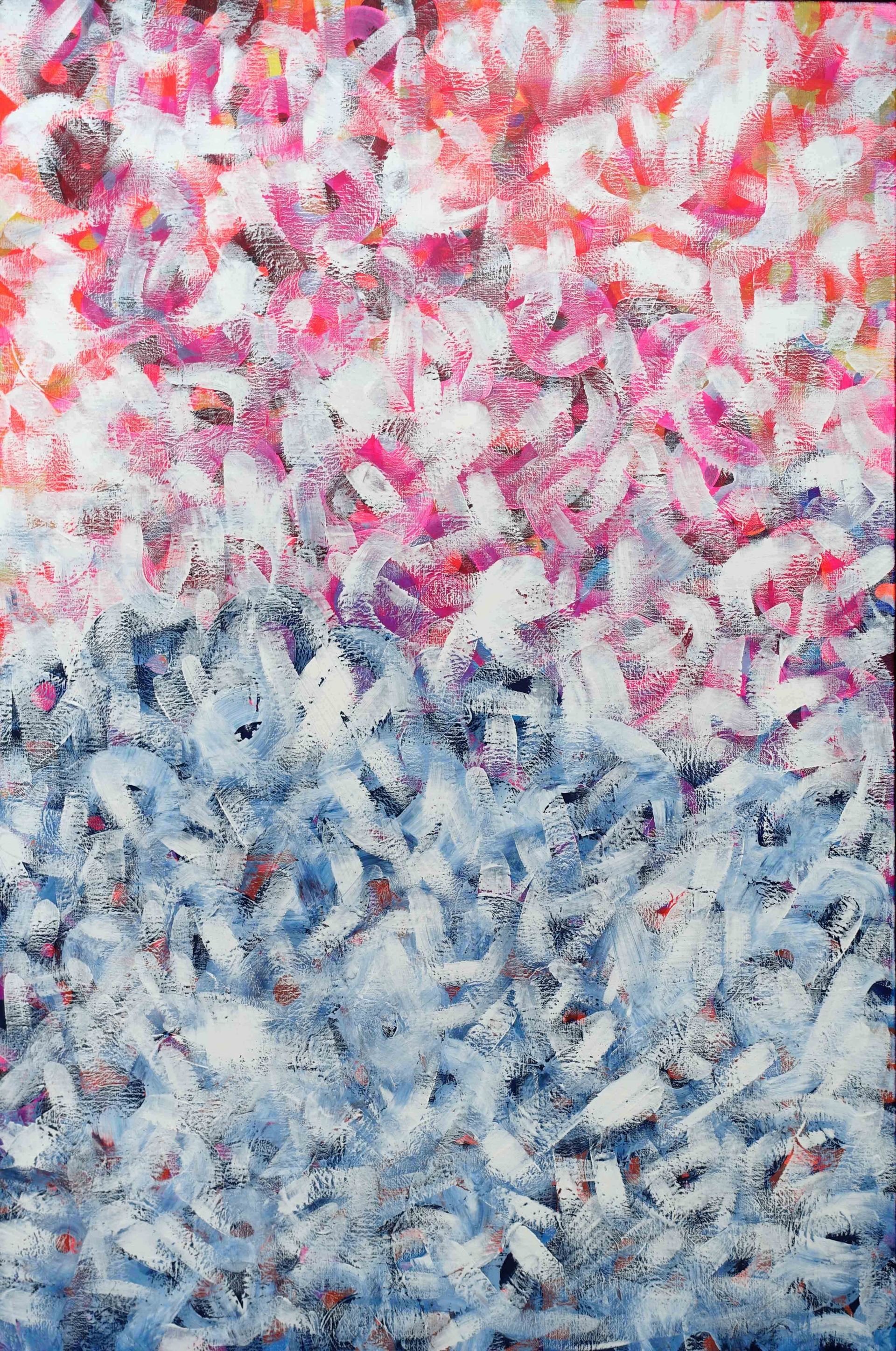 circles, pink, white, landscape, sunrise, acrylic