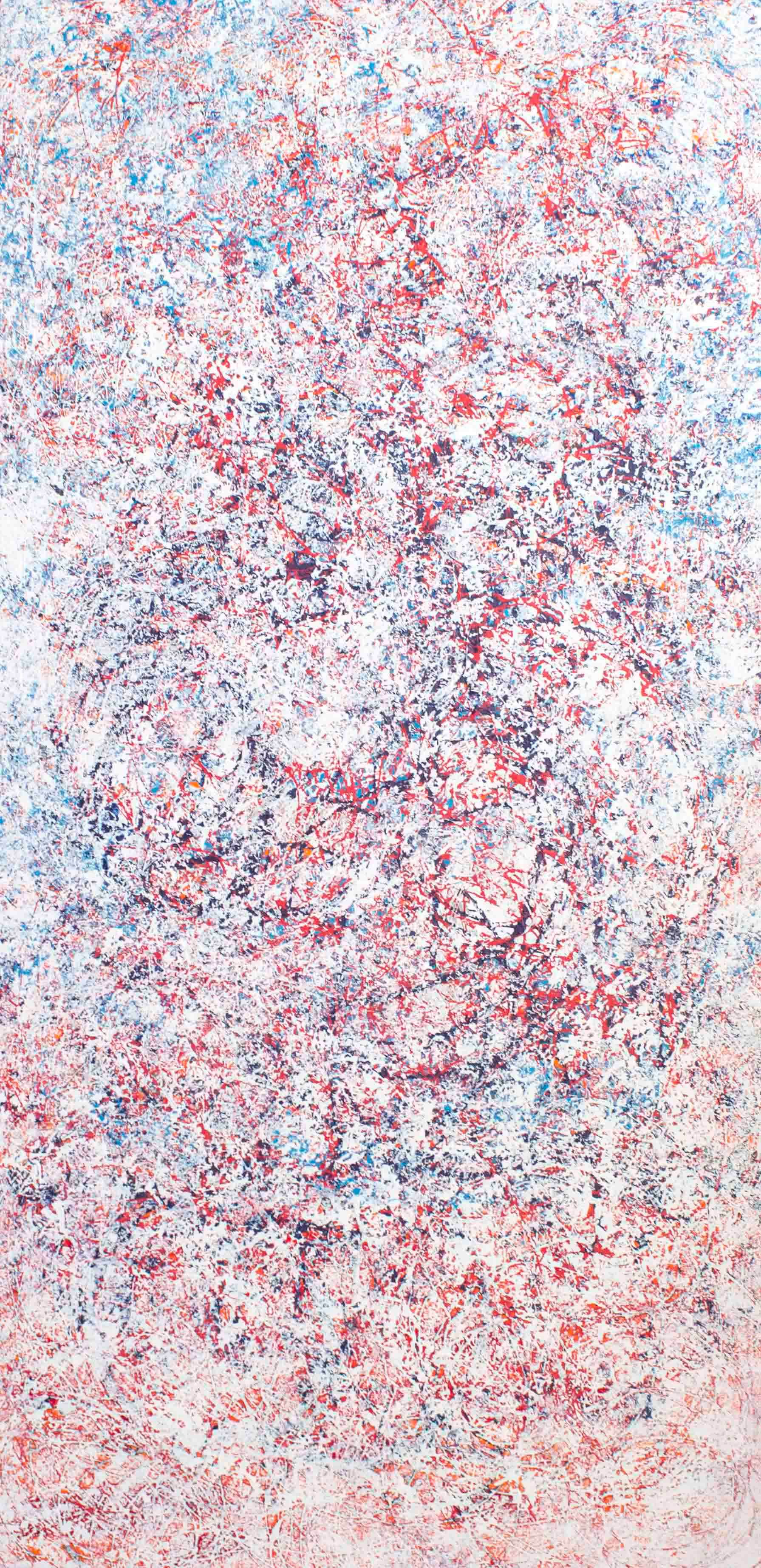 action painting, texturas, plata, rojo, azul, formato alargado