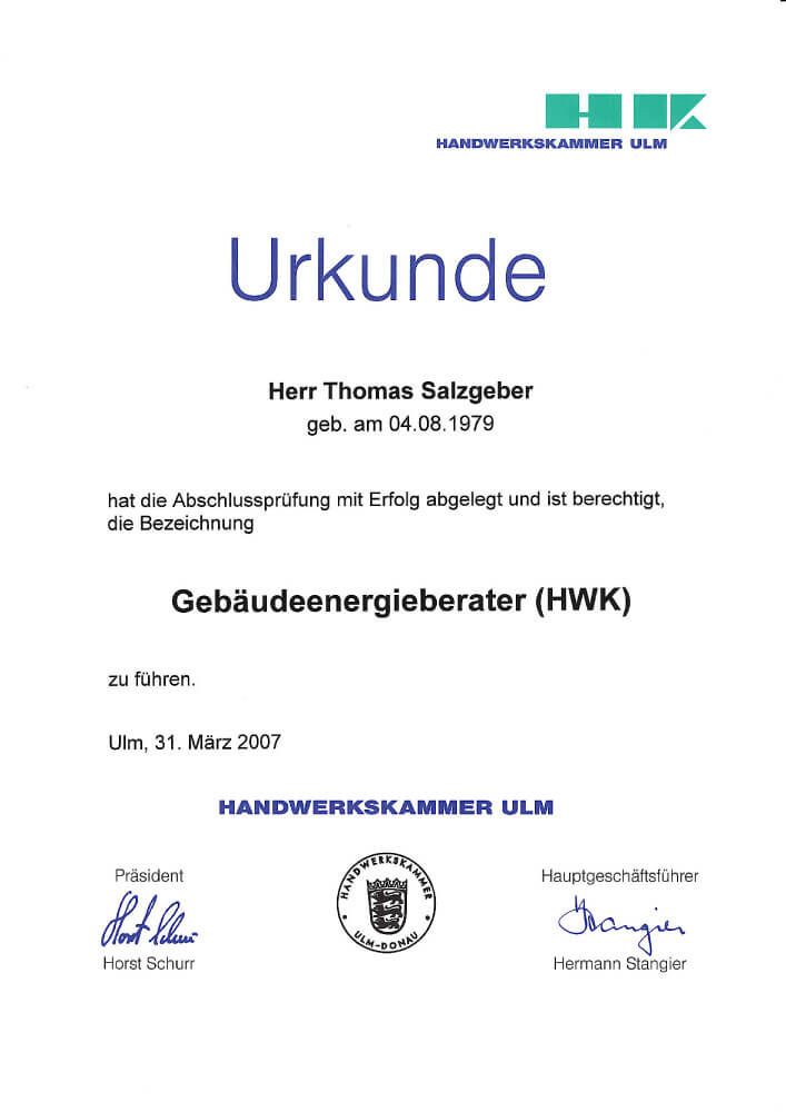 Gebäudeenergieberater Urkunde